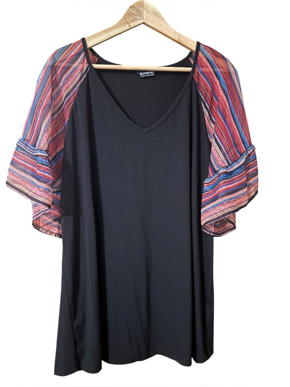 BloomChic V-Neck Black Top with Multicolor Red Sheer Striped Flutter Sleeves EUC